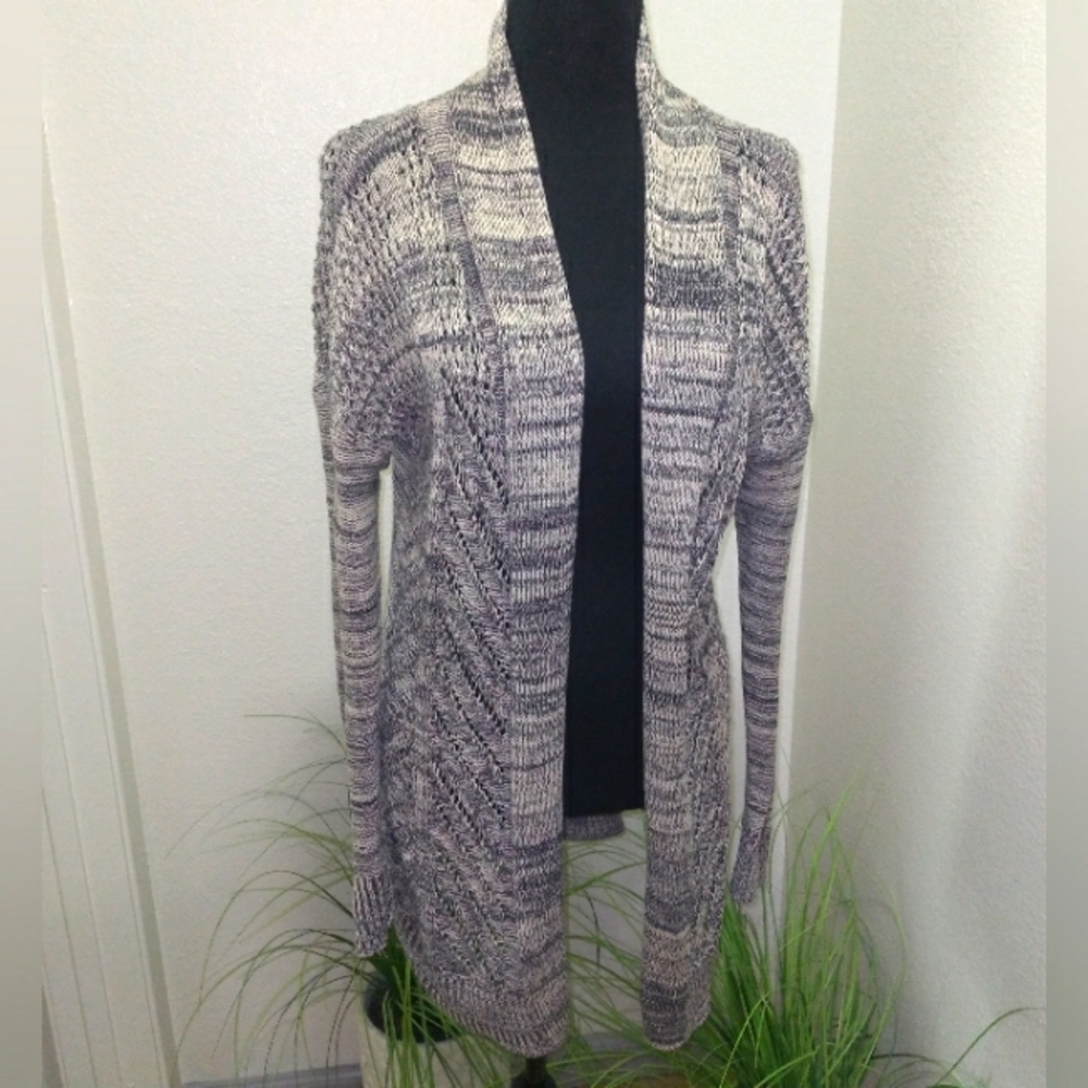 Leo & Nicole Women's Grey & Tan Marled Rib Trim Long Sleeve Cardigan- Size S - Picture 3 of 10